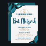 Bat Mitzvah Turquoise Agate Script 2 Venue Modern Invitation<br><div class="desc">Be proud, rejoice and showcase this milestone of your favourite Bat Mitzvah! Send out this cool, unique, modern, personalised invitation for an event to remember. Dark teal blue script typography and faux gold Star of David overlay simple, clean white background with turquoise blue agate accented with faux gold veins. Personalise...</div>