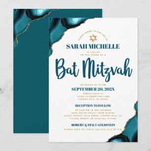 Bat Mitzvah Turquoise Agate Script 2 Venue Modern Invitation