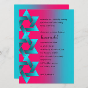 Bat Mitzvah Turquoise and Pink Ombre Star of David Invitation