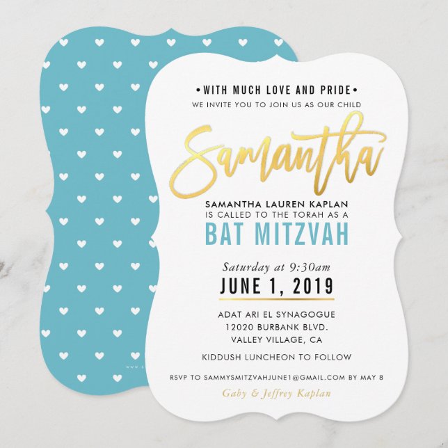 BAT MITZVAH turquoise blue gold script SAMANTHA Invitation (Front/Back)