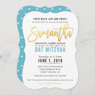 BAT MITZVAH turquoise blue gold script SAMANTHA Invitation