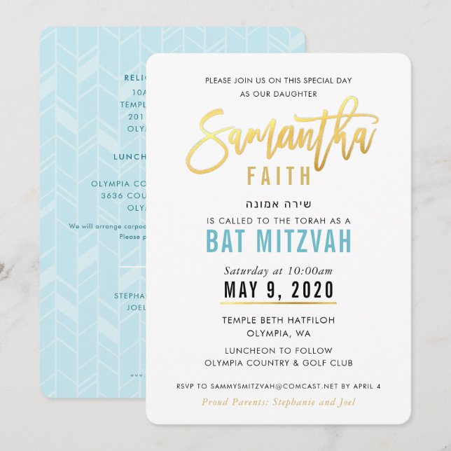 BAT MITZVAH turquoise blue gold script SAMANTHA Invitation (Front/Back)
