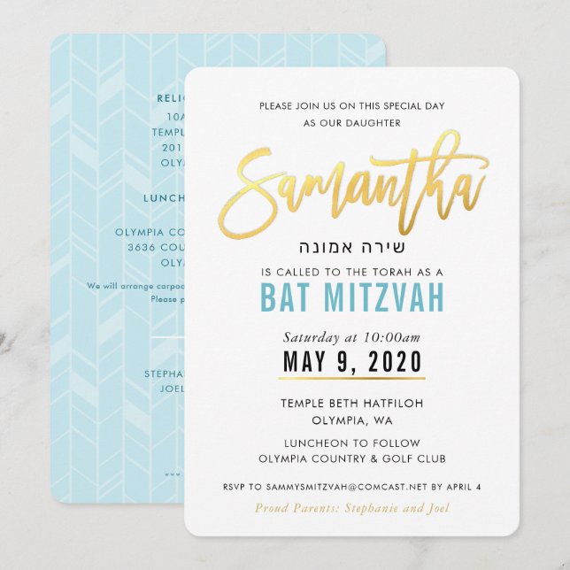 BAT MITZVAH turquoise blue gold script SAMANTHA Invitation (Front/Back)