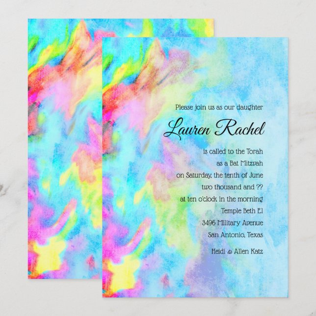 Bat Mitzvah Turquoise Blue Lime Pink Tie Dye Invitation (Front/Back)