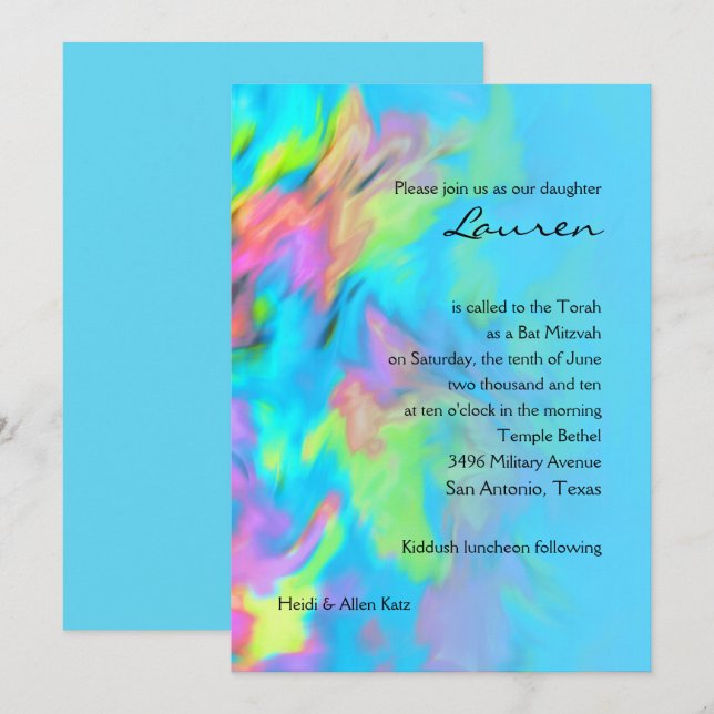 Bat Mitzvah Turquoise Blue Lime Pink Tie Dye Invitation (Front/Back)