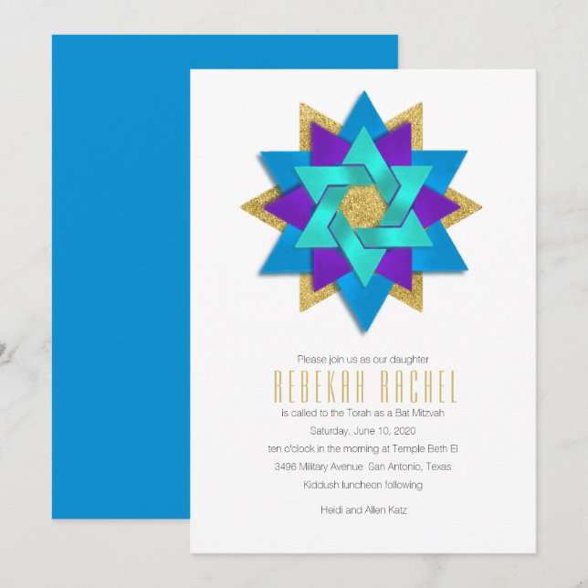 Bat Mitzvah Turquoise Blue Purple Aqua Star Flower Invitation (Front/Back)