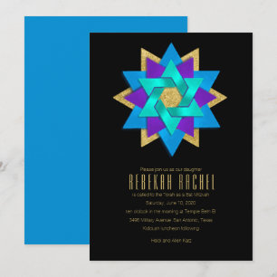 Bat Mitzvah Turquoise Blue Purple Aqua Star Flower Invitation