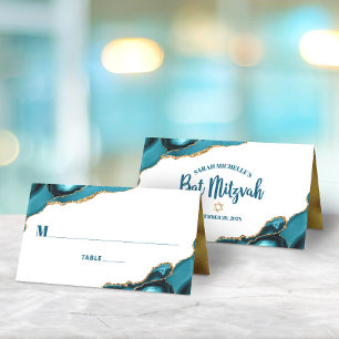 Bat Mitzvah Turquoise Gold Agate Simple Modern Place Card
