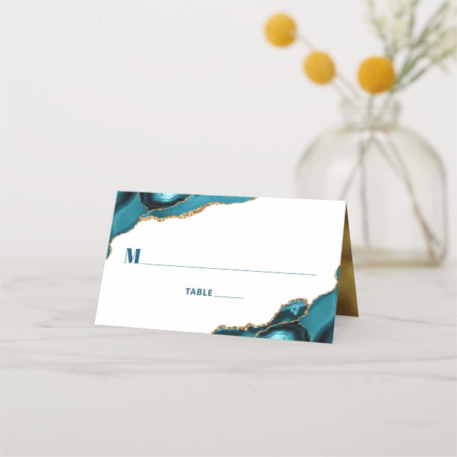 Bat Mitzvah Turquoise Gold Agate Simple Modern Place Card (Front)