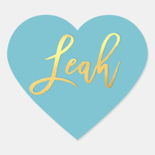 BAT MITZVAH turquoise gold script name LEAH Heart Sticker