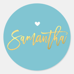 BAT MITZVAH turquoise gold script SAMANTHA Classic Round Sticker
