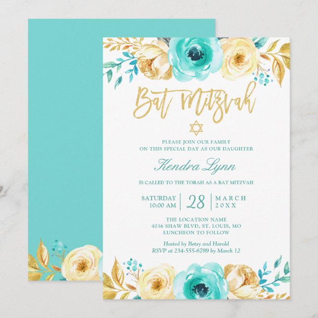 Bat Mitzvah | Turquoise Mint Gold Floral Invitation (Front/Back)