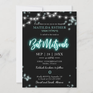 Bat Mitzvah Turquoise Neon Themed Invitation