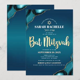 Bat Mitzvah Turquoise Ombre Agate Gold Script Bold Invitation