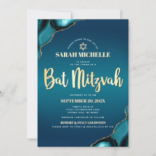 Bat Mitzvah Turquoise Ombre Agate Gold Script Chic Invitation