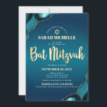 Bat Mitzvah Turquoise Ombre Agate Gold Script Chic Invitation<br><div class="desc">Be proud, rejoice and showcase this milestone of your favourite Bat Mitzvah! Send out this cool, unique, modern, personalised invitation for an event to remember. Faux gold foil script typography, white sans serif typography, and a faux gold Star of David overlay a deep turquoise teal blue ombre background with turquoise...</div>