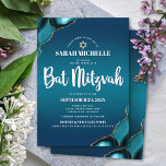 Bat Mitzvah Turquoise Ombre Agate Modern Script Invitation<br><div class="desc">Be proud, rejoice and showcase this milestone of your favourite Bat Mitzvah! Send out this cool, unique, modern, personalised invitation for an event to remember. White script typography and a faux gold Star of David overlay a deep turquoise teal blue ombre background with turquoise blue agate accented with faux gold...</div>