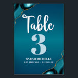 Bat Mitzvah Turquoise Ombre Agate Script Modern Table Number<br><div class="desc">No Bat Mitzvah party is complete without personalised table number cards. Let your daughter be proud, rejoice and celebrate her milestone at her perfectly coordinated party. White calligraphy script, light turquoise blue and white typography, and turquoise blue agate rocks accented with faux gold veins overlay a deep turquoise teal blue...</div>