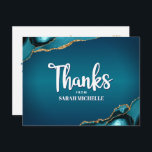 Bat Mitzvah Turquoise Ombre Agate Script Thank You Postcard<br><div class="desc">Make sure your favourite Bat Mitzvah shows his appreciation to all who supported her milestone event! Send out this cool, unique, modern, personalised thank you postcard. White handwritten script and bold sans serif typography overlay a deep teal blue ombre background with turquoise blue agate accented with faux gold veins. A...</div>