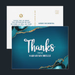 Bat Mitzvah Turquoise Ombre Agate Script Thank You Postcard<br><div class="desc">Make sure your favourite Bat Mitzvah shows his appreciation to all who supported her milestone event! Send out this cool, unique, modern, personalised thank you postcard. White handwritten script and bold sans serif typography overlay a deep teal blue ombre background with turquoise blue agate accented with faux gold veins. A...</div>
