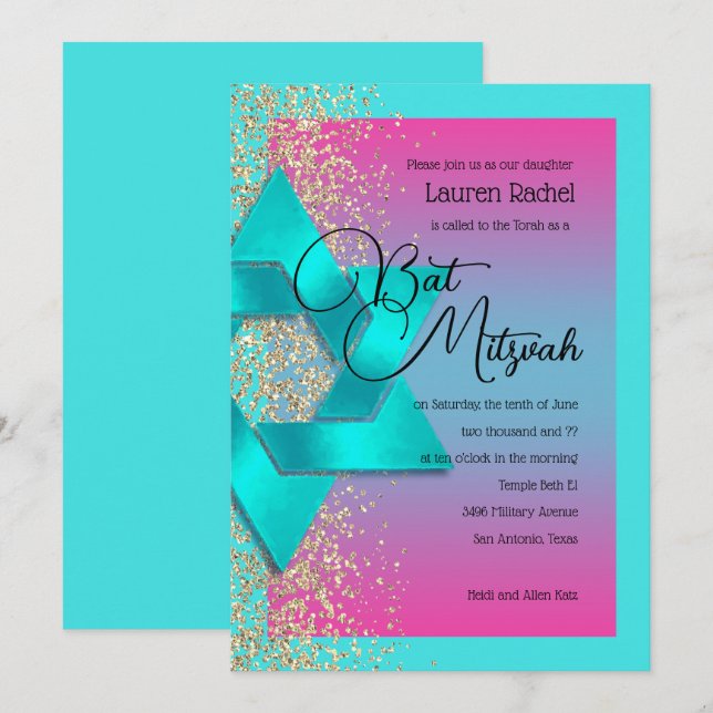 Bat Mitzvah Turquoise Pink Ombre Faux Gold Glitter Invitation (Front/Back)