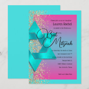 Bat Mitzvah Turquoise Pink Ombre Faux Gold Glitter Invitation