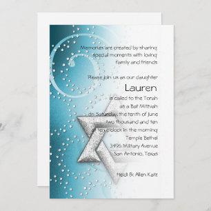 Bat Mitzvah Turquoise Shimmer Star of David Invitation