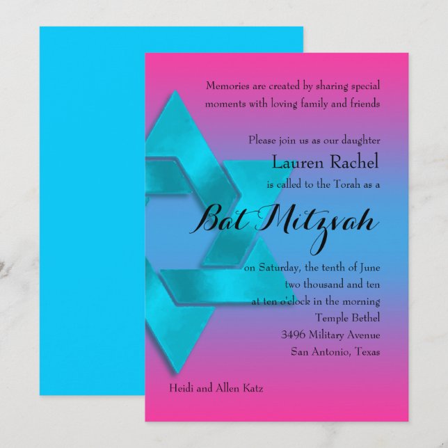 Bat Mitzvah Turquoise to Pink Ombre with Star Invitation (Front/Back)