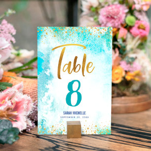 Bat Mitzvah Turquoise Watercolor Girly Gold Script Table Number