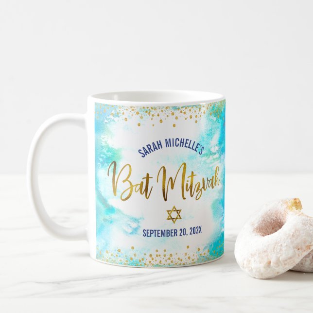 Bat Mitzvah Turquoise Watercolor Gold Script Bold Coffee Mug (With Donut)