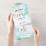Bat Mitzvah turquoise watercolor gold script girly All In One Invitation<br><div class="desc">Be proud, rejoice and showcase this milestone of your favourite Bat Mitzvah! Send out this stunning, modern, custom all-in-one invitation for an event to remember. Sparkly gold faux foil, glitter dots and typography script overlay a turquoise blue watercolor background. This all-in-one product is an unique combination of a custom invitation...</div>
