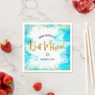 Bat Mitzvah Turquoise Watercolor Gold Script Girly Napkin