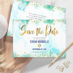 Bat Mitzvah Turquoise Watercolor Gold Script Girly Save The Date<br><div class="desc">Make sure all your friends and relatives will be able to celebrate your daughter’s milestone Bat Mitzvah! Send out this stunning, modern, sparkly gold faux foil and glitter dots and typography script against a turquoise watercolor background, personalised “Save the Date” announcement card. Your custom message and additional gold dots on...</div>
