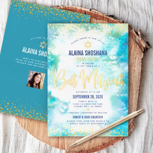 Bat Mitzvah turquoise watercolor photo real gold