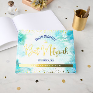 Bat Mitzvah Turquoise Watercolor Script Gold Foil Guest Book