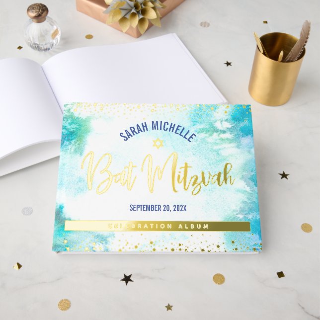 Bat Mitzvah Turquoise Watercolor Script Gold Foil Guest Book (Front Open)