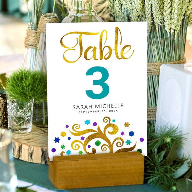 Bat Mitzvah Turquoise White Gold Foil Tree of Life Table Number (Creator Uploaded)