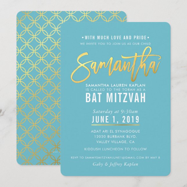 BAT MITZVAH turquoise white gold script SAMANTHA Invitation (Front/Back)