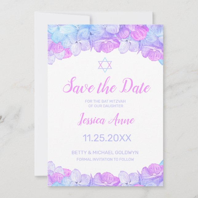 Bat Mitzvah Watercolo Floral Save the Date (Front)