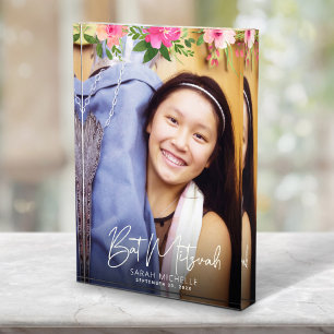 Bat Mitzvah Watercolor Floral Chic Script Keepsake Photo Block
