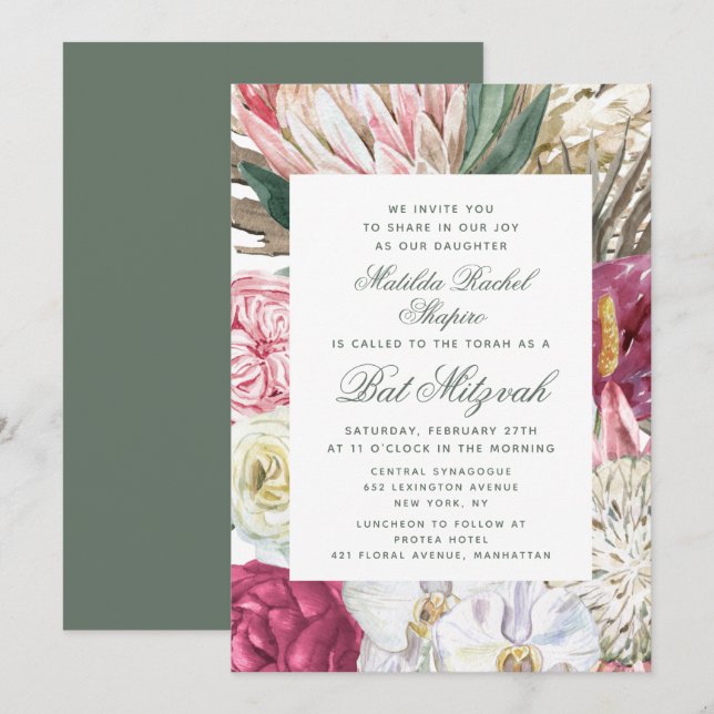 Bat Mitzvah Watercolor Floral Invitation (Front/Back)
