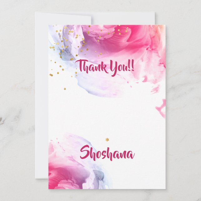 Bat Mitzvah Watercolor Glitter Blank Thank You Card (Front)