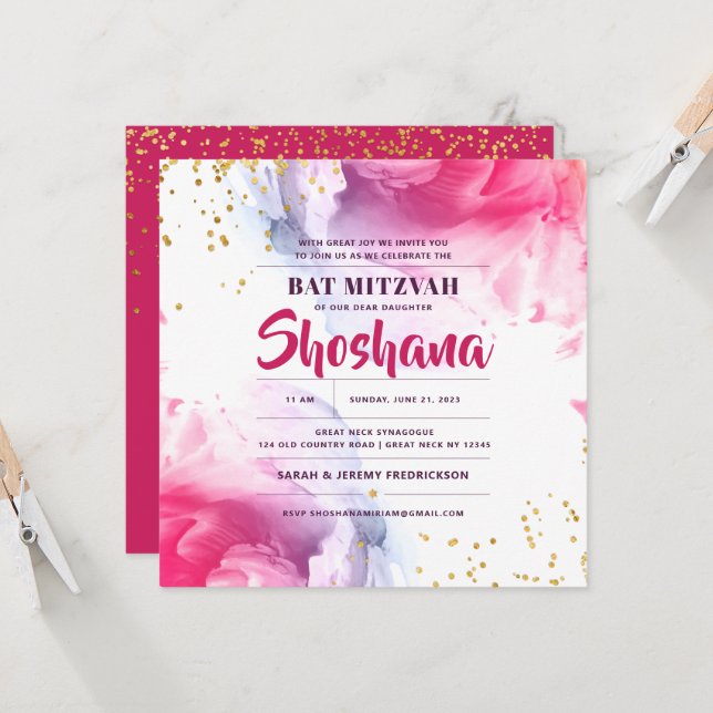 Bat Mitzvah Watercolor Glitter Invitation (Front/Back In Situ)