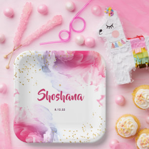 Bat Mitzvah Watercolor Glitter Pink Purple Paper P Paper Plate