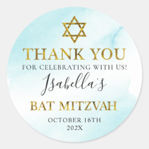 Bat Mitzvah Watercolor Pastel Blue Gold Thank You Classic Round Sticker