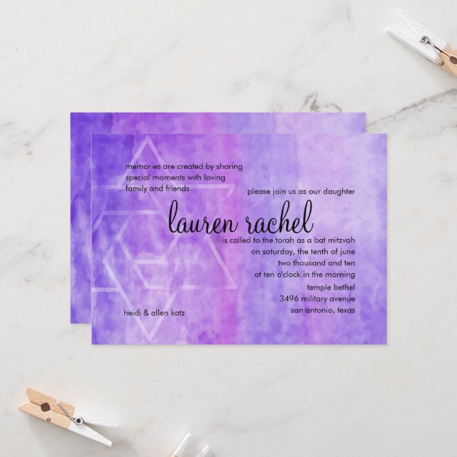Bat Mitzvah Watercolor Streak Purple Star of David Invitation (Front/Back In Situ)