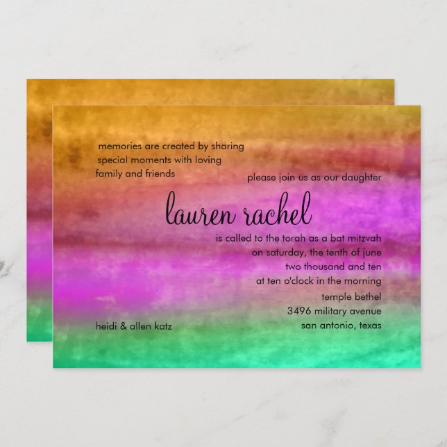 Bat Mitzvah Watercolor Streaks Invitation (Front/Back)