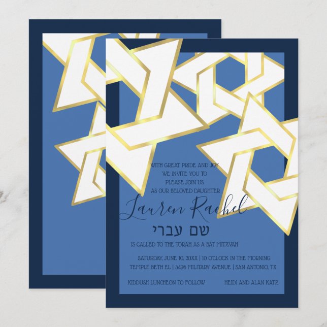 Bat Mitzvah White Gold Star of David Invitation (Front/Back)