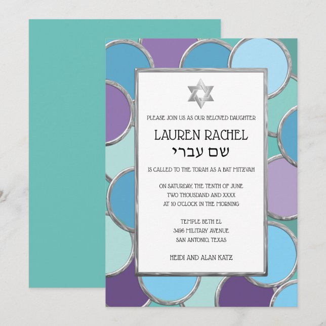 Bat Mitzvah Your Colours Circles in Silver Invitation (Front/Back)