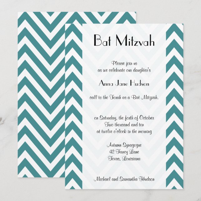 Bat Mitzvah - Zigzag Pattern, Chevron - Blue Invitation (Front/Back)